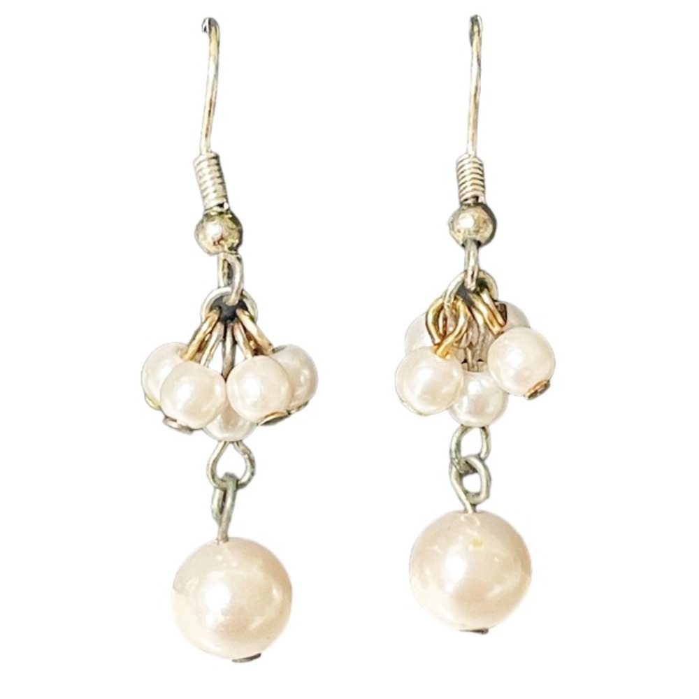 Vintage costume pearl cluster dual silver gold tone drop earrings
